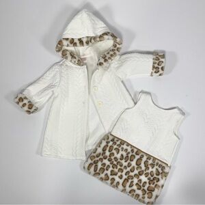 Baby Girl Quilted Coat Dress Set Youngland Ivory Leopard Print Faux Fur 6-9M